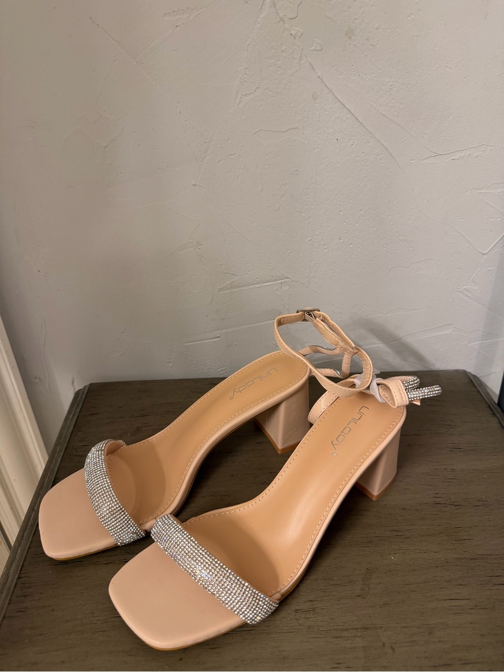 Nude Rhinestone Block Heel Sandals